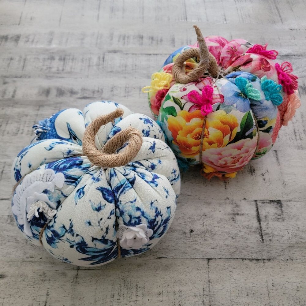 Floral Fabric Pumpkins Autumn Decor - Set of 2